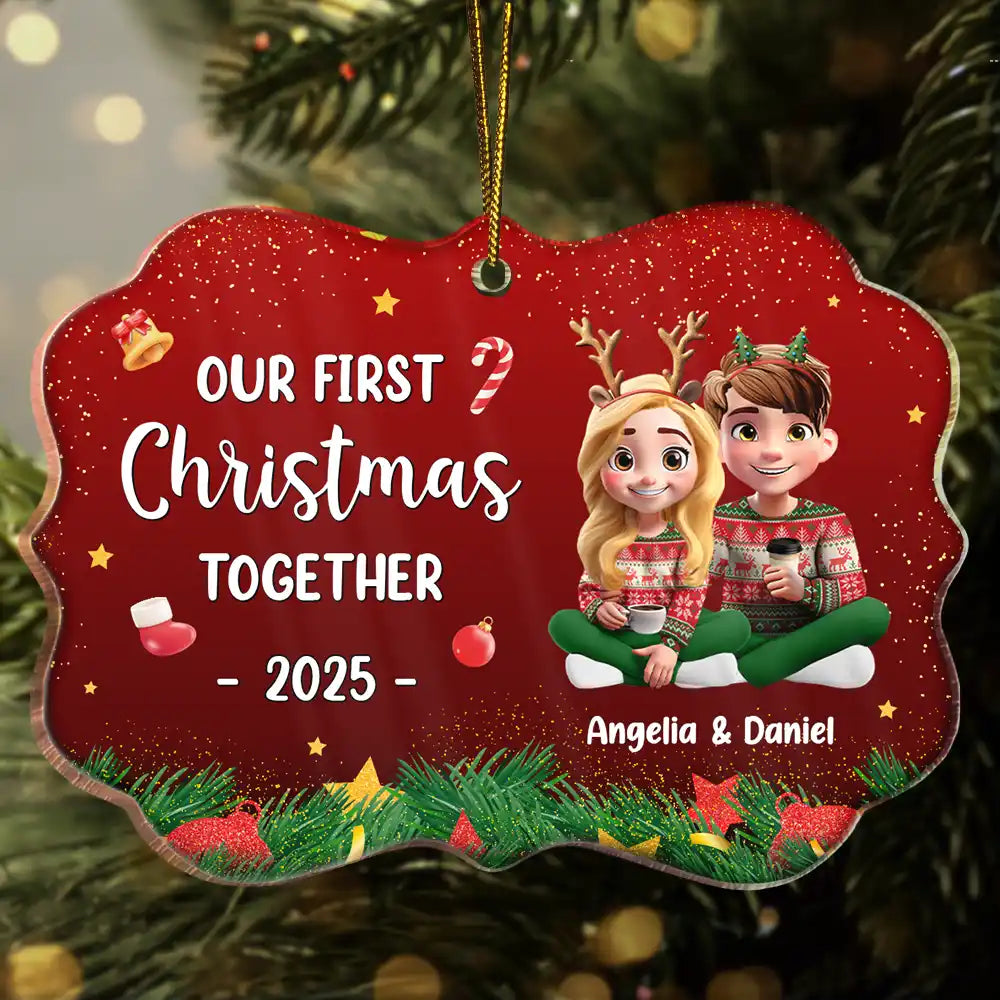Our First Christmas Together 3D Effect Couple Sitting - Personalized Medallion Acrylic Ornament