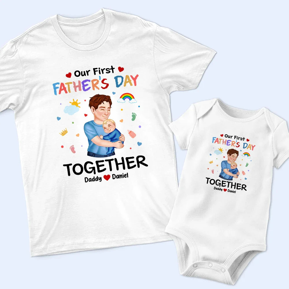 First Father's Day Together - Personalized Combo T Shirt And Baby Onesie