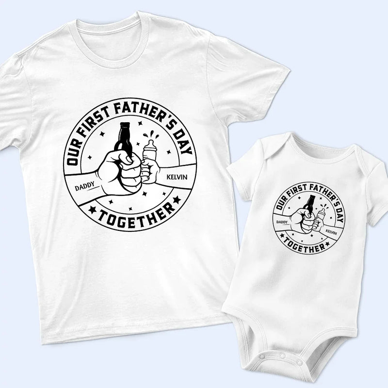 New Dad,New baby,Gift For Father,Love,Custom Photo - Our First Father's Day Together Cheers - Personalized Combo T Shirt And Baby Onesie