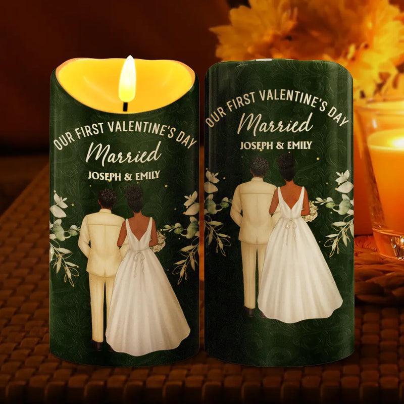 Gift For Couples, Love - Our First Valentine As Mr & Mrs Wedding Couple Pet - Personalized Flameless LED Candle