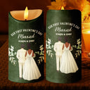 Gift For Couples, Love - Our First Valentine As Mr & Mrs Wedding Couple Pet - Personalized Flameless LED Candle