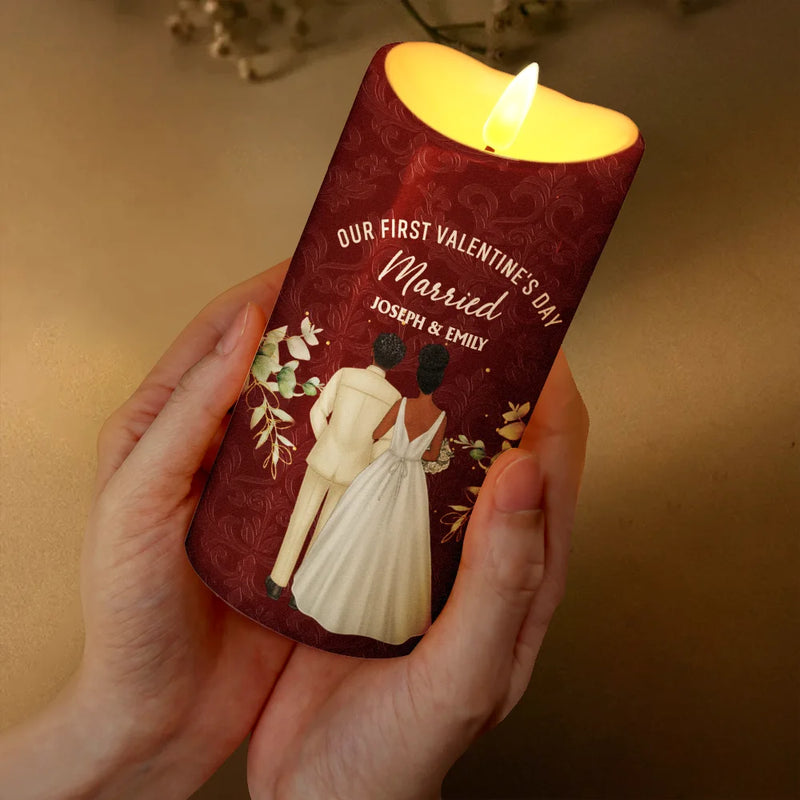 Gift For Couples, Love - Our First Valentine As Mr & Mrs Wedding Couple Pet - Personalized Flameless LED Candle