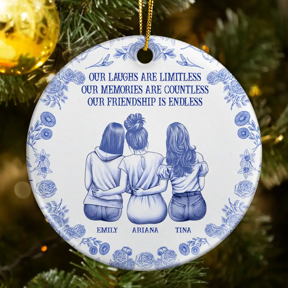 Our Laugh Are Limitless Toile De Jouy Pattern - Personalized Circle Ceramic Ornament