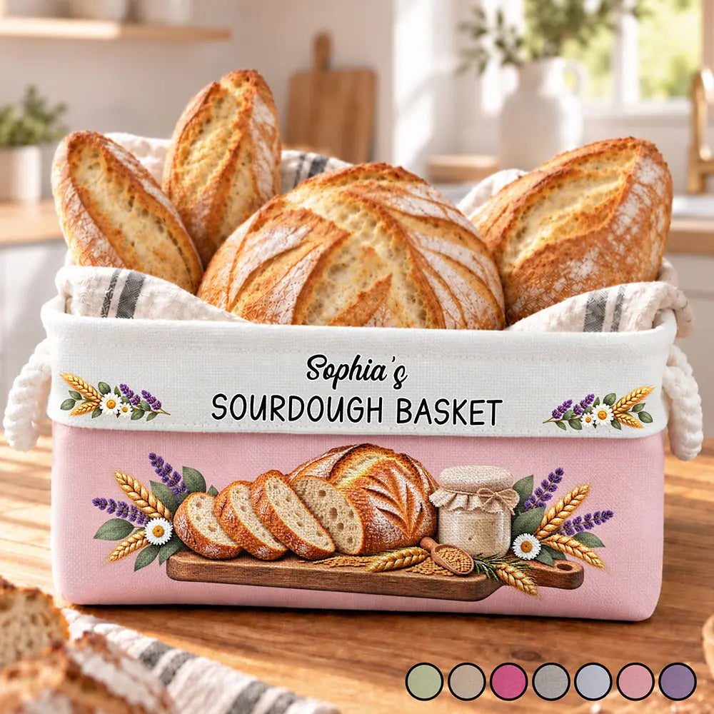 Gift For Sourdough Bakers Mom Wife - Personalized Name Bread Loaf And Starter Jar Storage Basket