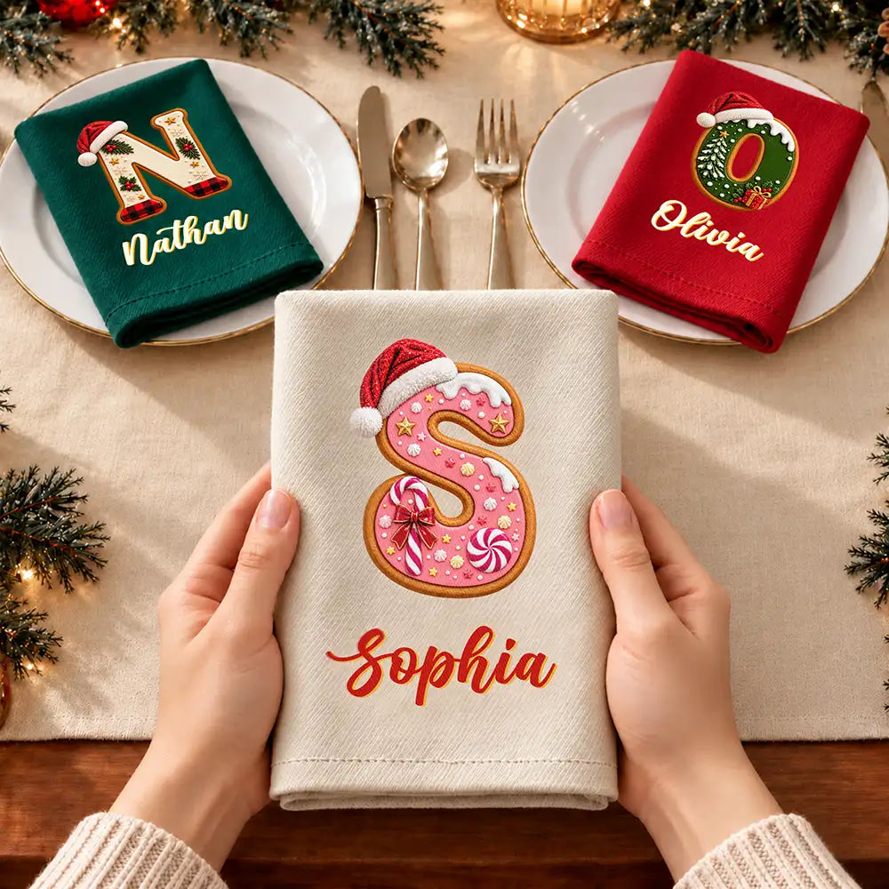 Christmas, Family, Happy, Icon - Christmas Table Decor Gift For Family - Personalized Name Santa Hat Initial Reusable Napkin
