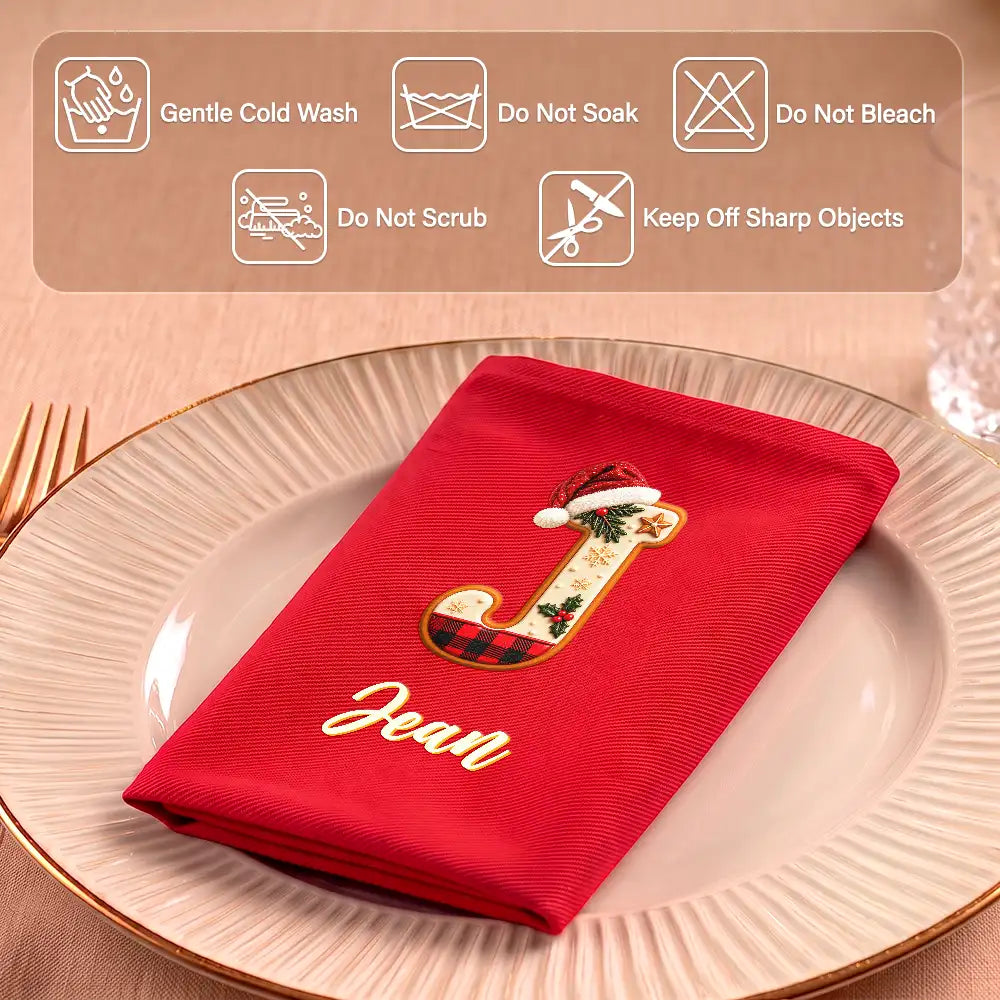 Christmas, Family, Happy, Icon - Christmas Table Decor Gift For Family - Personalized Name Santa Hat Initial Reusable Napkin
