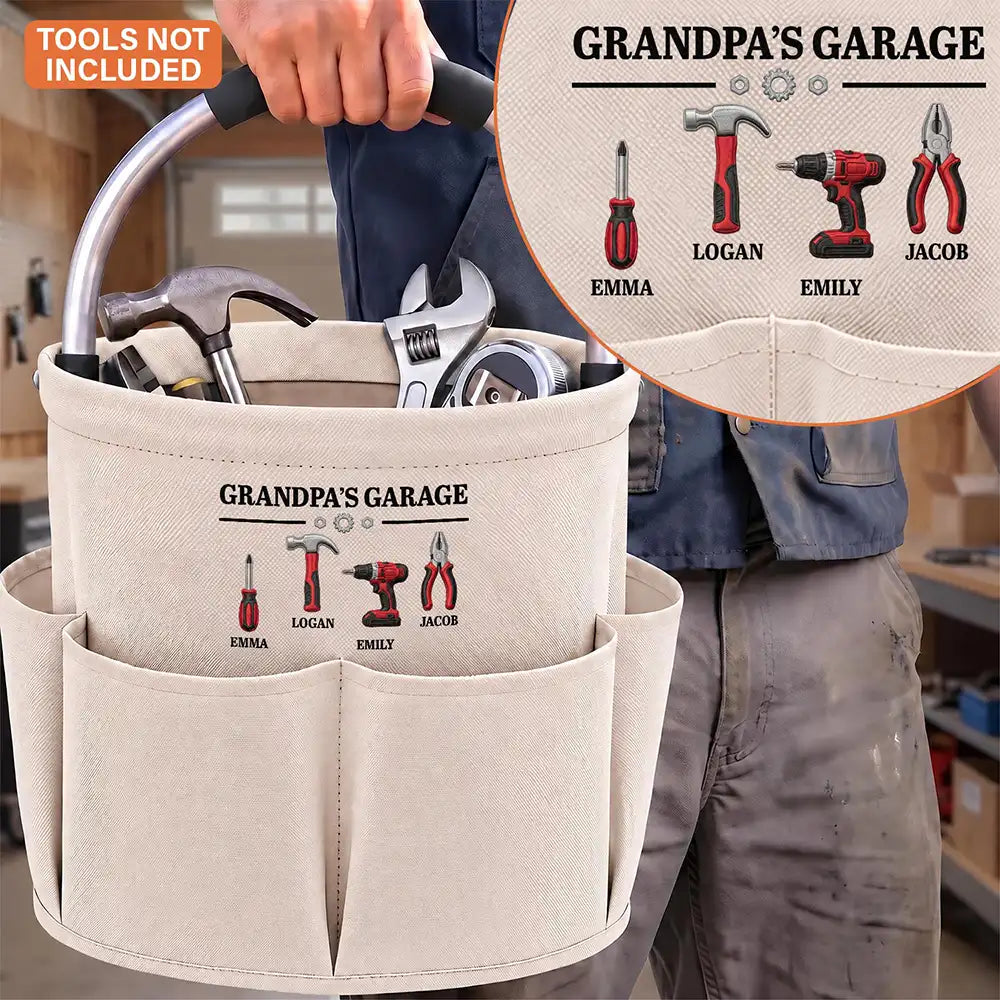 Garage,Gift For Men,Gift For Yourself,Gifts For Him,Happy,Icon,Semi-Outdoor - Garage Gift For Dad Grandpa - Personalized Kids Names Tool Bag