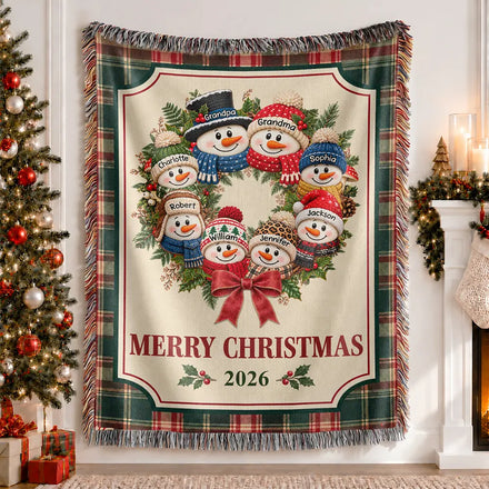 Christmas Decor For Grandparents - Personalized Snowman Wreath Woven Blanket