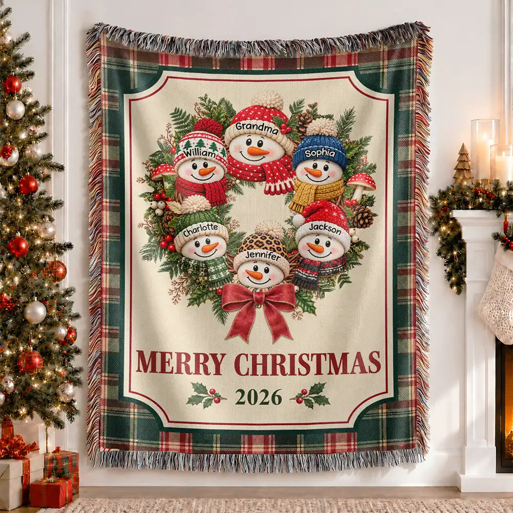 Christmas,Family,Grandparents,Happy,Icon - Christmas Decor For Grandparents - Personalized Snowman Wreath Woven Blanket
