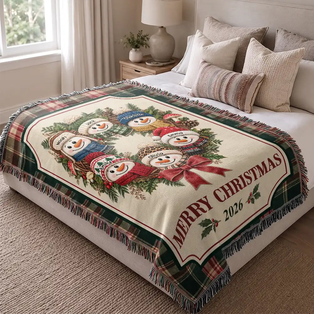 Christmas,Family,Grandparents,Happy,Icon - Christmas Decor For Grandparents - Personalized Snowman Wreath Woven Blanket
