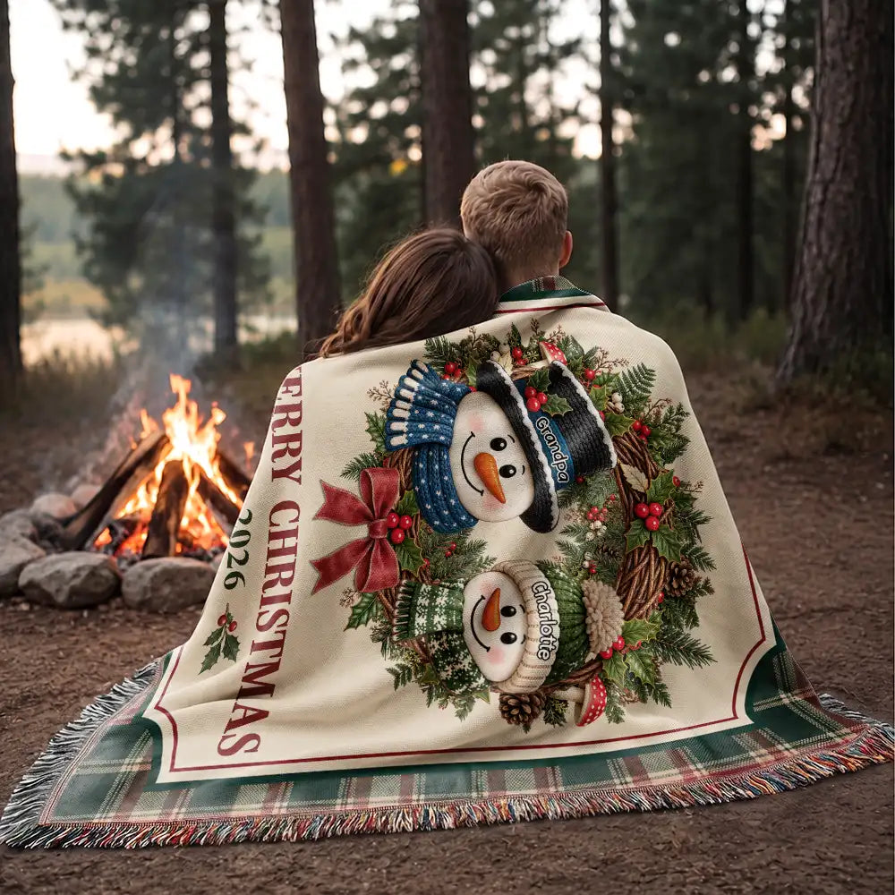 Christmas,Family,Grandparents,Happy,Icon - Christmas Decor For Grandparents - Personalized Snowman Wreath Woven Blanket