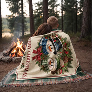Christmas,Family,Grandparents,Happy,Icon - Christmas Decor For Grandparents - Personalized Snowman Wreath Woven Blanket