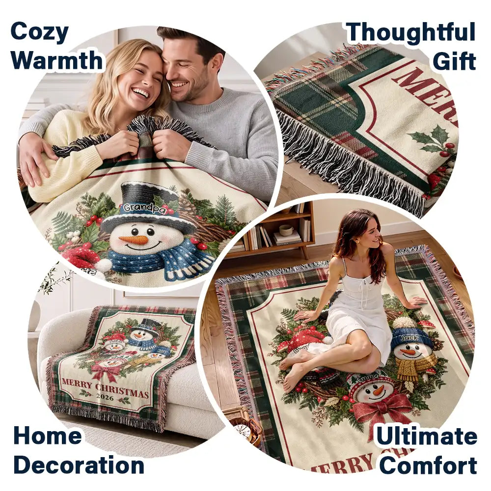 Christmas,Family,Grandparents,Happy,Icon - Christmas Decor For Grandparents - Personalized Snowman Wreath Woven Blanket