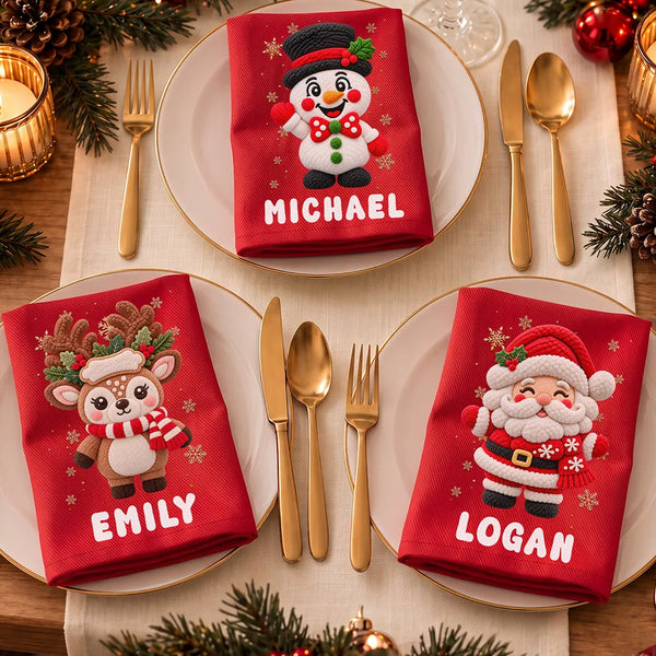 Christmas,Family,Happy,Icon - Christmas Table Decor Gift For Family - Personalized Faux Chenille Effect Santa Snowman Reindeer Reusable Napkin