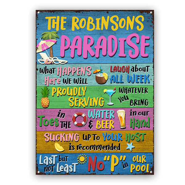 Paradise Whatever Happens - Swimming Pool Decorating Idea - Personalized Custom Classic Metal Signs