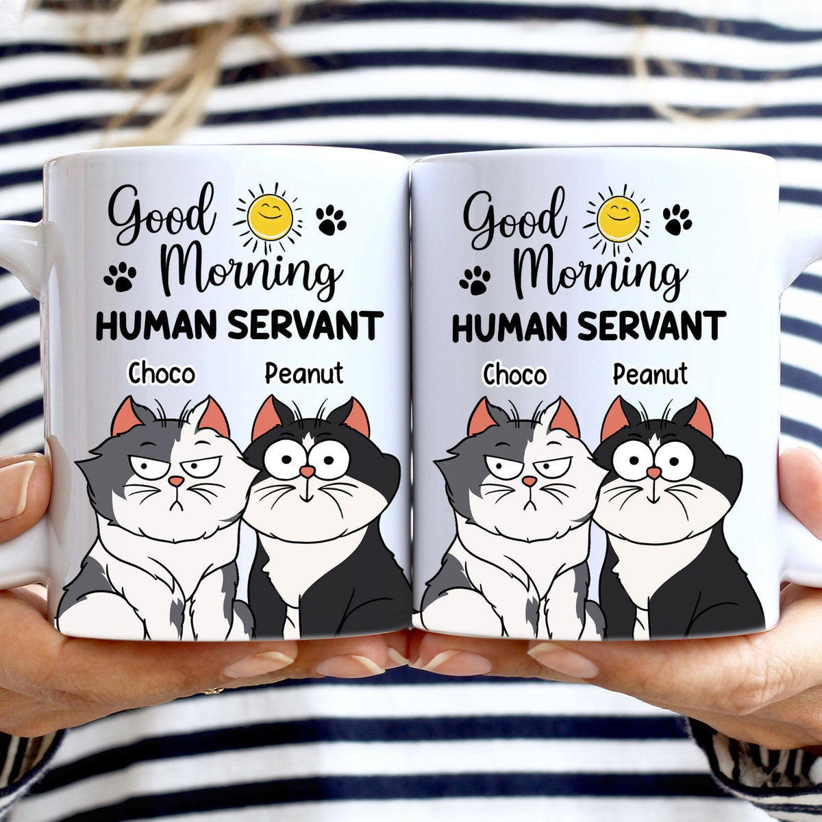 Good Morning Human Servant Cartoon Cats - Gift For Cat Lovers - Personalized White Edge-to-Edge Mug