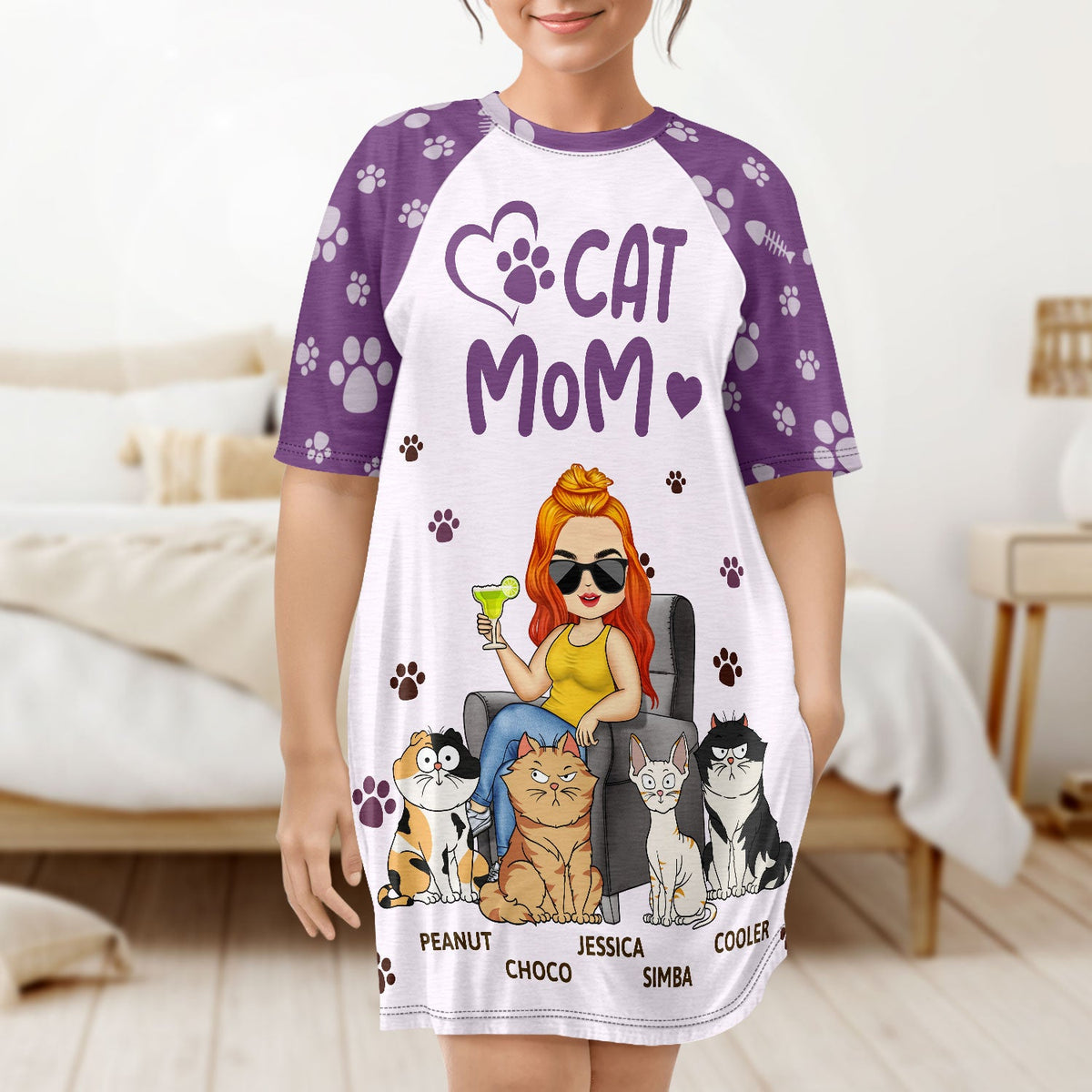 Cat Mom - Birthday, Loving Gift For Cat Lovers - Personalized Women's Sleep Tee