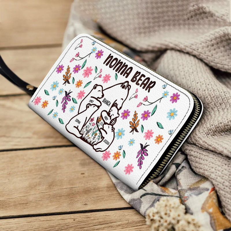 Mama Bear Floral Style - Birthday, Loving Gift For Mom, Mother, Grandma, Grandmother - Personalized Leather Long Wallet