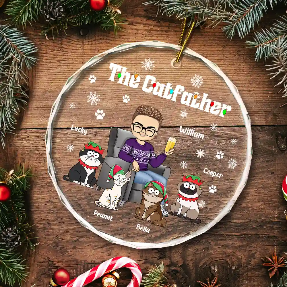 Christmas The Cat Father - Personalized Circle Glass Ornament