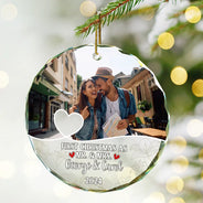 Custom Photo First Christmas As Mr & Mrs Couples - Personalized Circle Glass Ornament