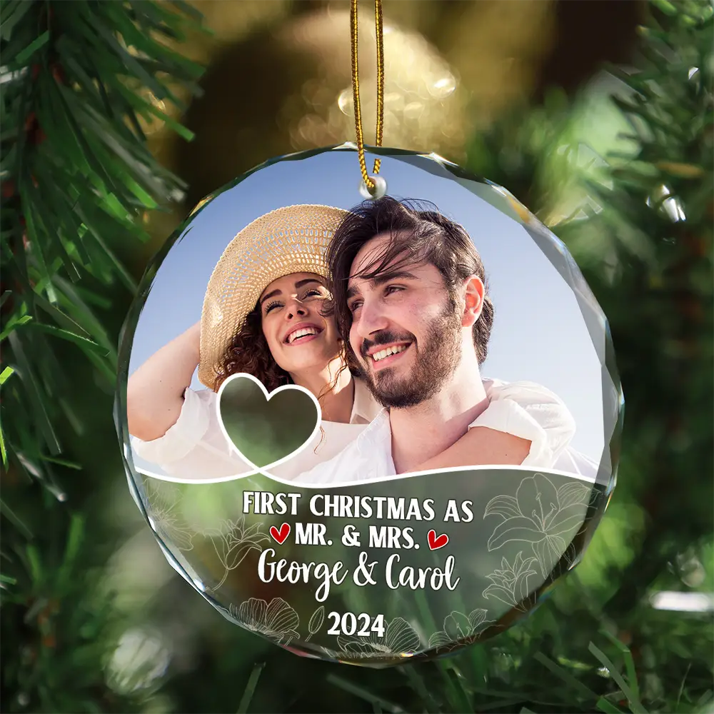 Custom Photo First Christmas As Mr & Mrs Couples - Personalized Circle Glass Ornament