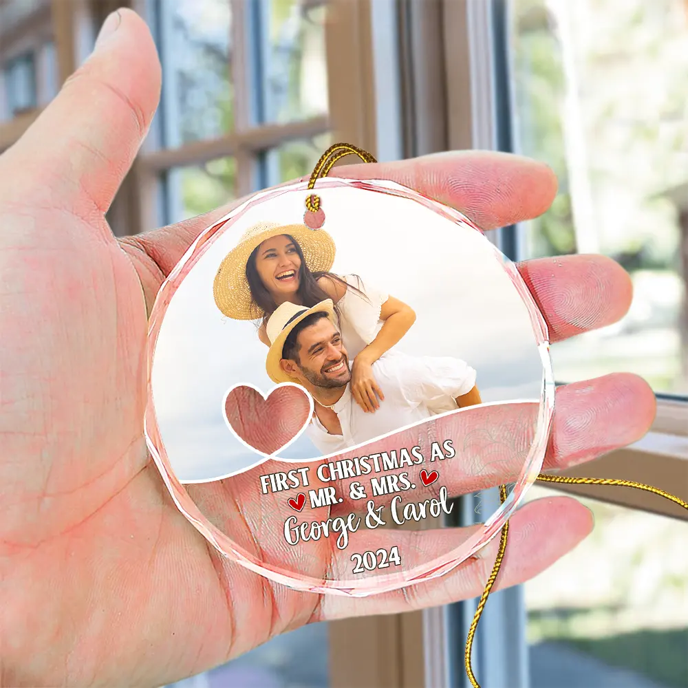 Custom Photo First Christmas As Mr & Mrs Couples - Personalized Circle Glass Ornament