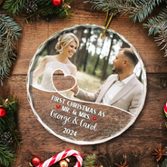 Custom Photo First Christmas As Mr & Mrs Couples - Personalized Circle Glass Ornament