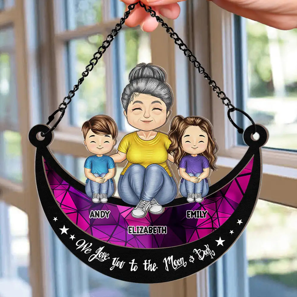 Grandma Mom And Kids On Moon - Personalized Window Hanging Suncatcher Ornament