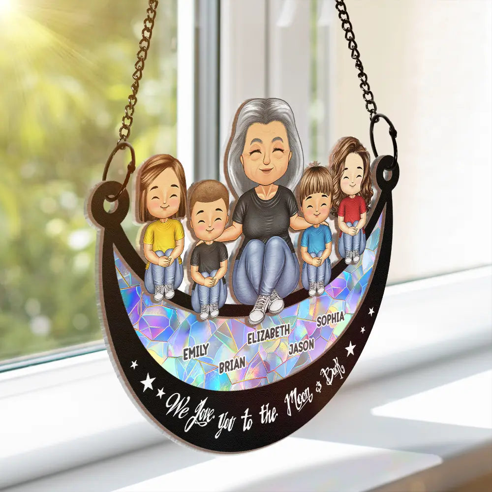 Grandma Mom And Kids On Moon - Personalized Window Hanging Suncatcher Ornament