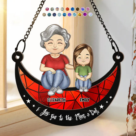 Grandma Mom And Kids On Moon - Personalized Window Hanging Suncatcher Ornament