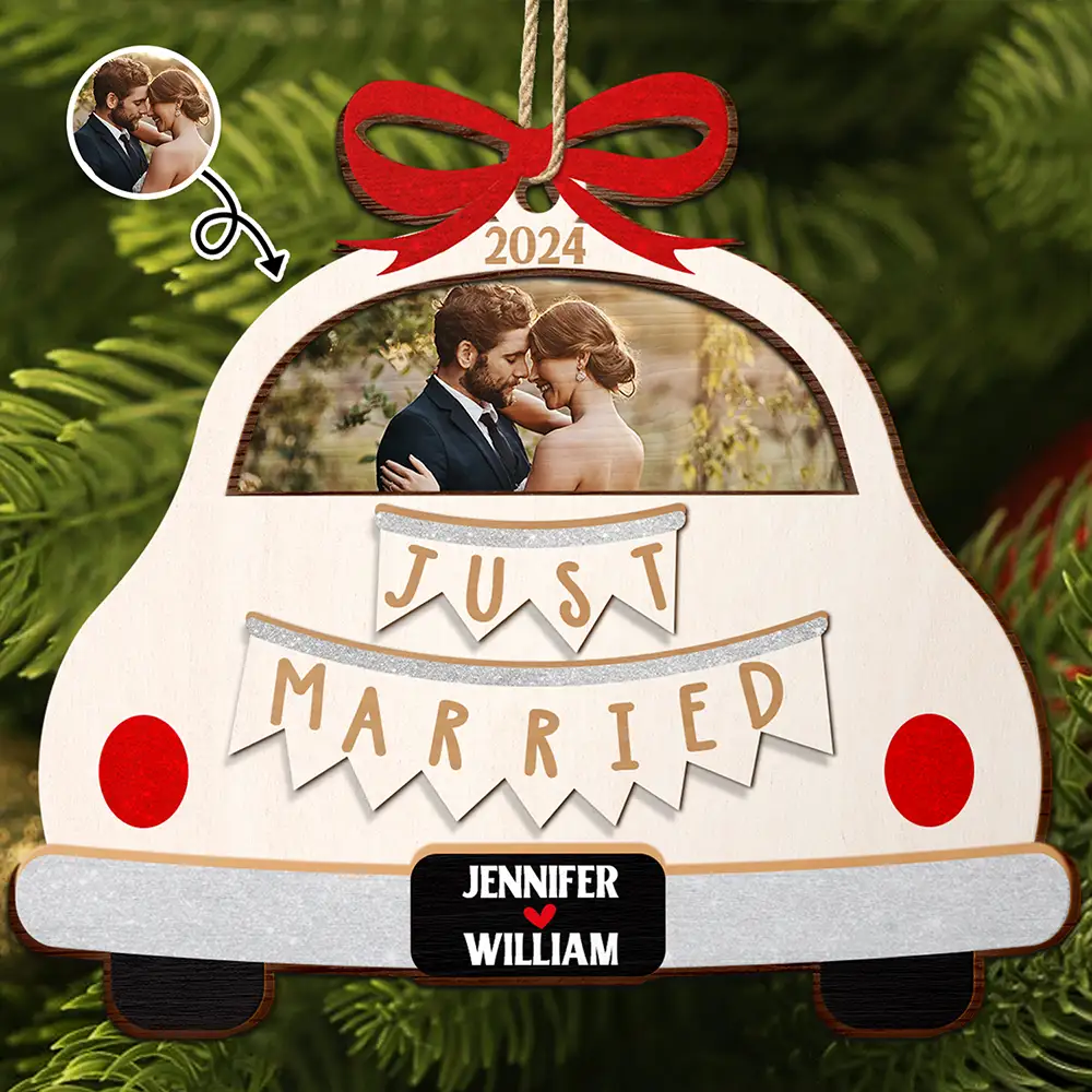 Custom Photo Christmas Couple Just Married - Personalized 2-Layered Wooden Ornament