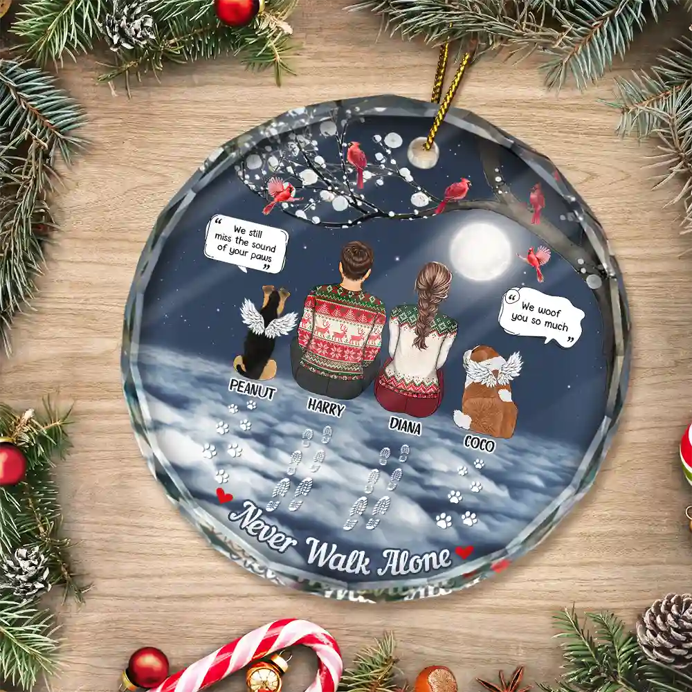 Christmas,Memorial,Pet Lovers,Dog Lovers,Cat Lovers,Sad - Memorial Dog Cat You Never Walk Alone - Personalized Circle Glass Ornament