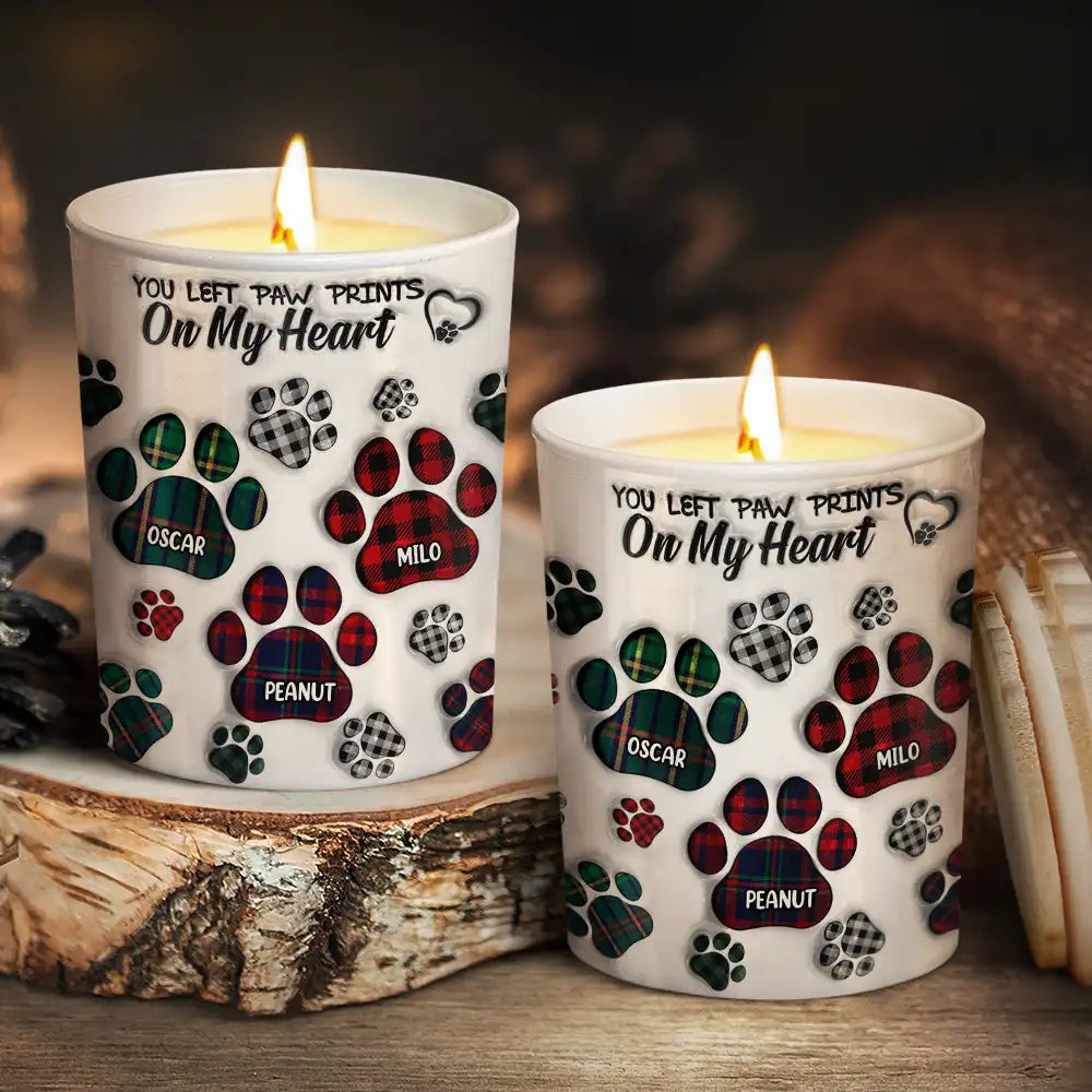 Memorial Dog Cat You Left Paw Prints On My Heart - 3D Inflated Effect Printed Candle, Personalized Scented Candle With Wooden Lid
