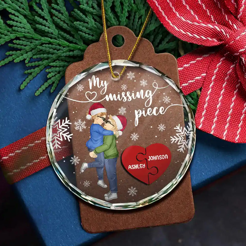 Christmas,Gift For Couples,Gift For Husband,Gift For Wife,Gift For Boyfriend,Gift For Girlfriend,Love - My Missing Piece Christmas Couple Hugging Kissing - Personalized Circle Glass Ornament