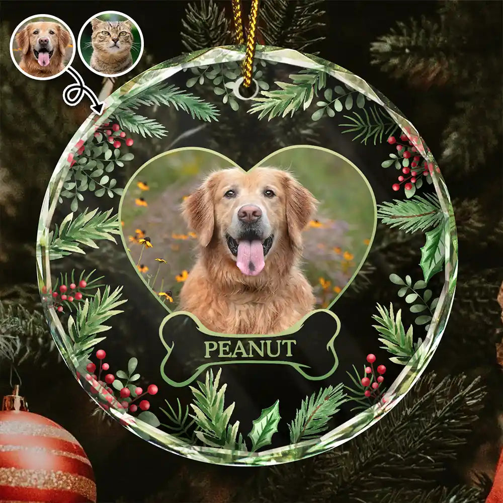 Custom Photo Christmas Dog Cat Pet Love Heart - Personalized Circle Glass Ornament
