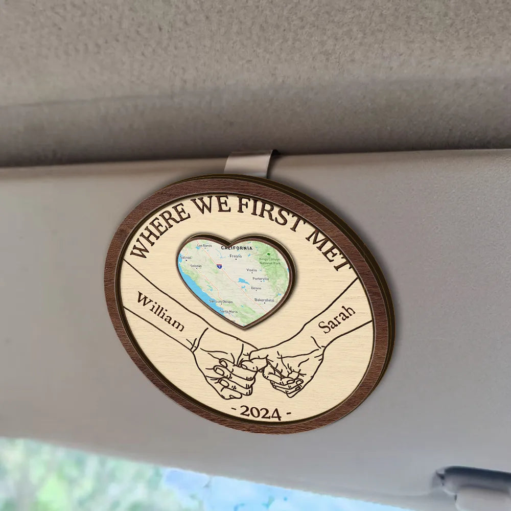 Gift For Couples, Gift For Husband, Gift For Wife, Gift For Boyfriend, Gift For Girlfriend - Location Map Where I Found My Missing Piece Couple Holding Hands - Personalized Custom Shaped Car Visor Clip