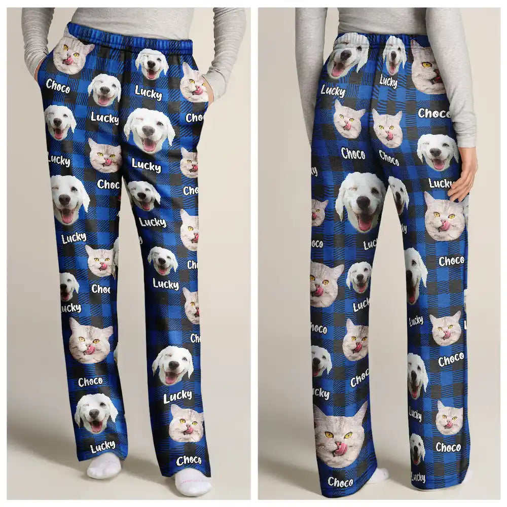 Pet Lovers, Dog Lovers, Cat Lovers - Custom Photo Funny Pet Human Face Plaid Pattern - Personalized Pajama Pants