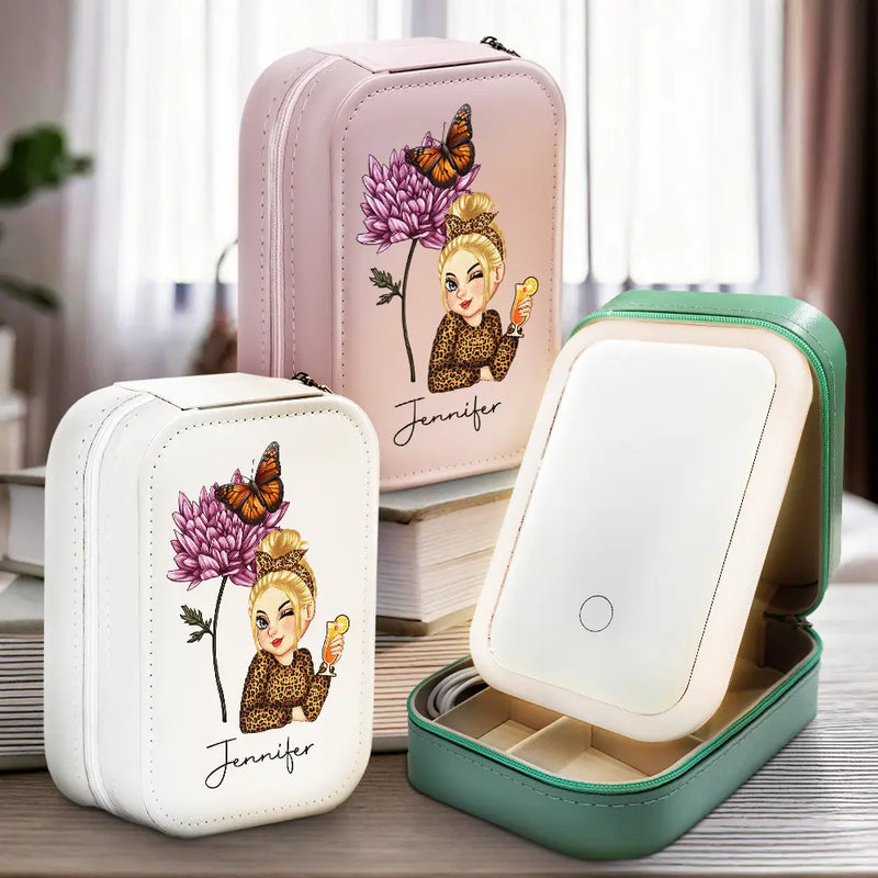 Gift For Yourself, Gift For Women - Birth Month Flower - Personalized Makeup Box With LED Mirror
