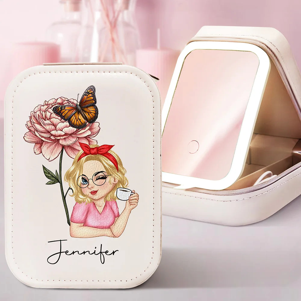 Gift For Yourself, Gift For Women - Birth Month Flower - Personalized Makeup Box With LED Mirror
