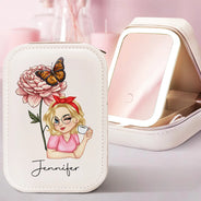 Gift For Yourself, Gift For Women - Birth Month Flower - Personalized Makeup Box With LED Mirror
