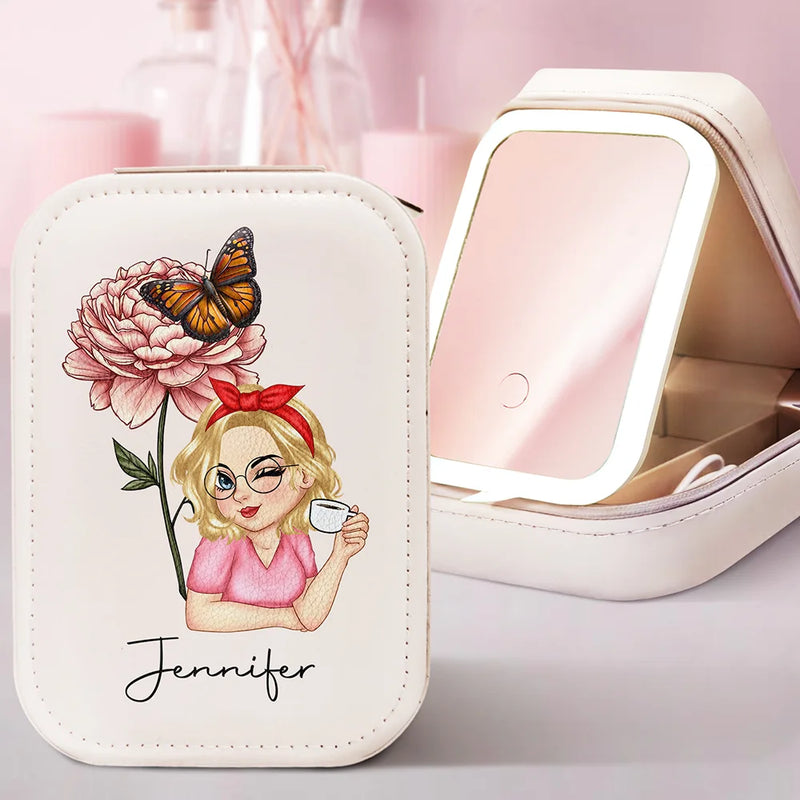 Gift For Yourself, Gift For Women - Birth Month Flower - Personalized Makeup Box With LED Mirror
