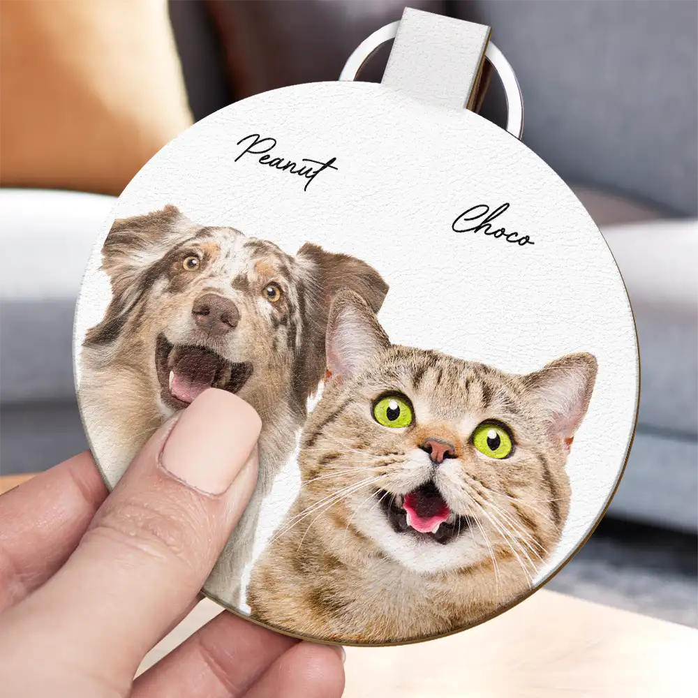 Custom Photo,Pet Lovers,Dog Lovers,Cat Lovers,Happy - Custom Photo Your Dog Cat Pet - Personalized Custom Shaped Leather Keychain