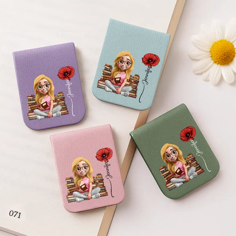 Reading Girl With Birth Month Flower - Personalized Leather Magnetic Bookmark