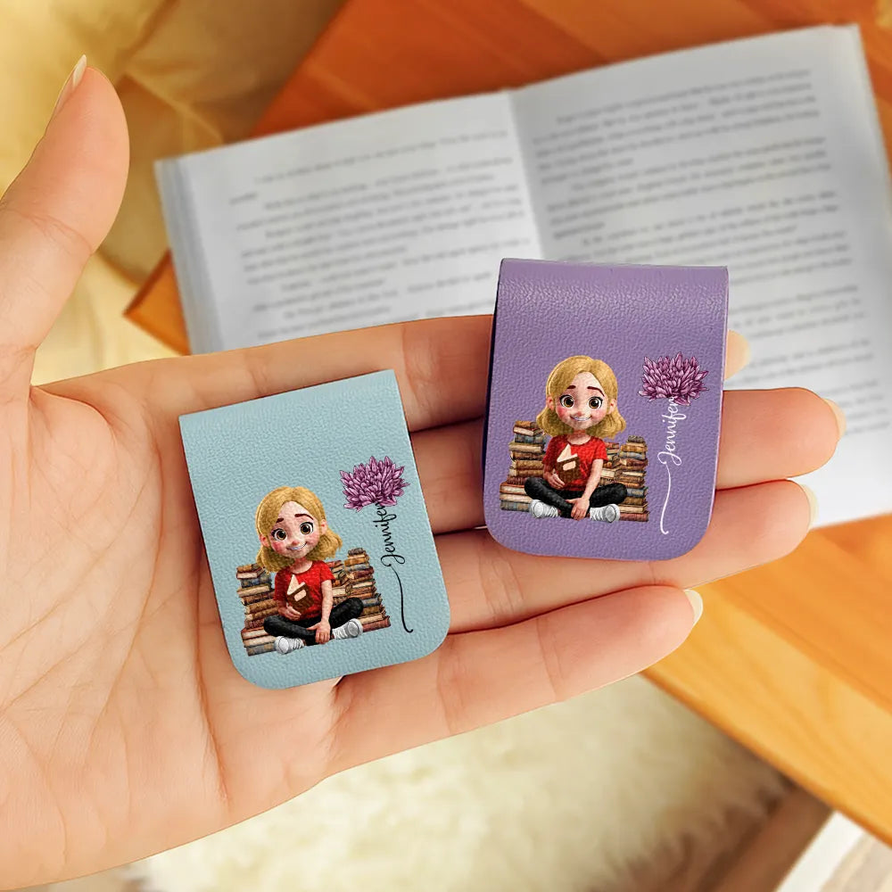 Reading Girl With Birth Month Flower - Personalized Leather Magnetic Bookmark