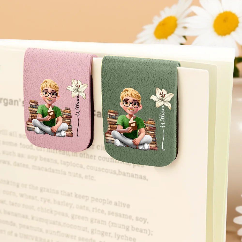 Reading Girl With Birth Month Flower - Personalized Leather Magnetic Bookmark