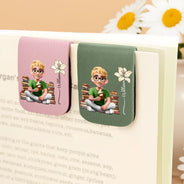 Reading Girl With Birth Month Flower - Personalized Leather Magnetic Bookmark