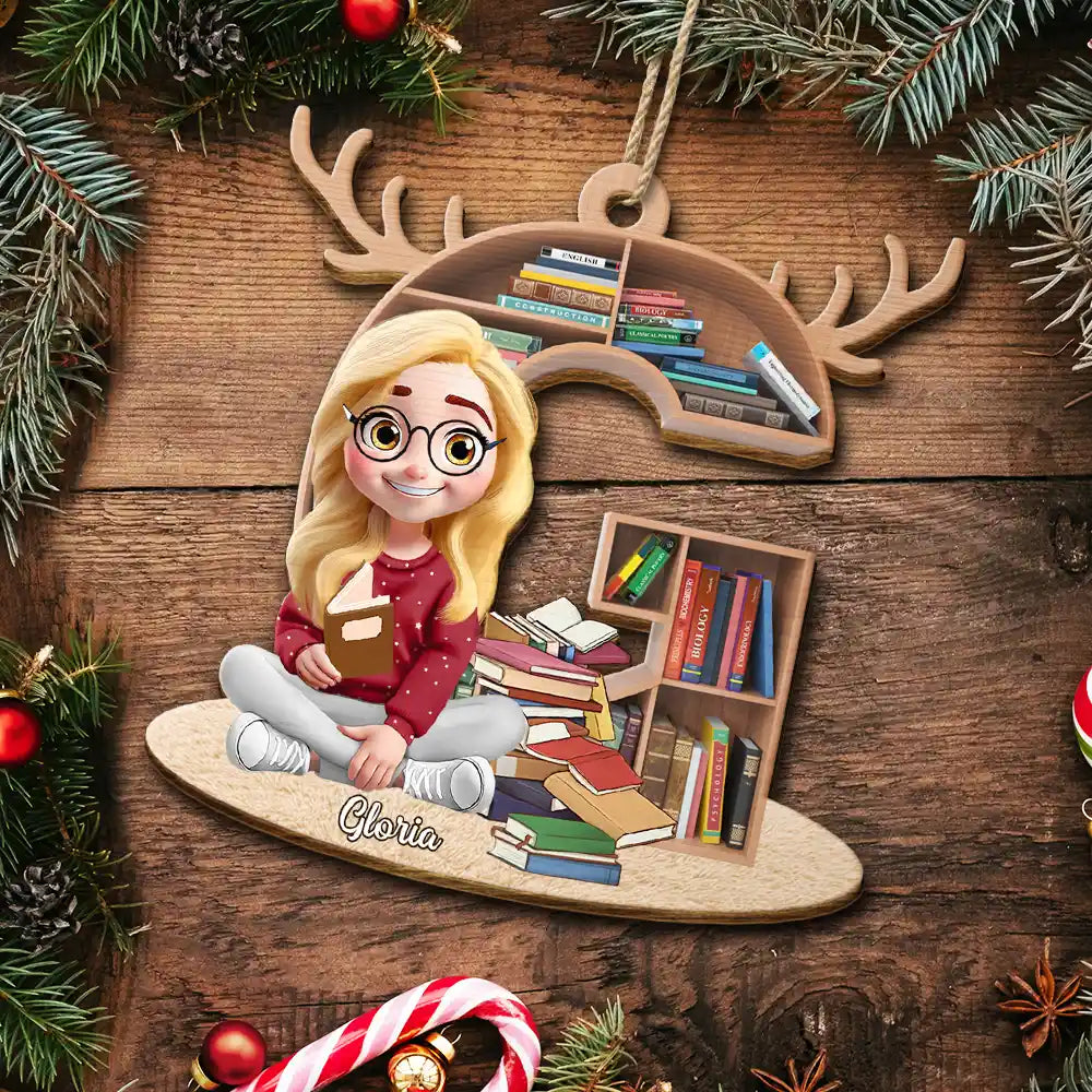 Christmas,Reading,Gift For Yourself,Gift For Women,Happy - Reading Girl Monogram Bookish Keepsake - Personalized Custom Shaped Wooden Ornament