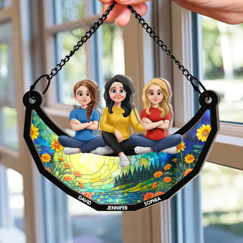 Gift For Mother,Mom - Children,Gift For Grandma,Love - Mother And Children Sitting On The Moon 3D Effect - Personalized Window Hanging Suncatcher Ornament