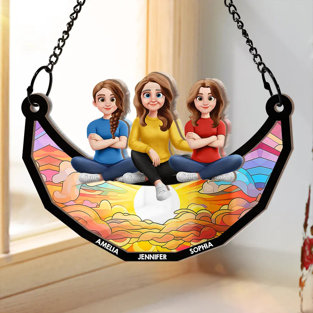 Mother And Children Sitting On The Moon 3D Effect - Personalized Window Hanging Suncatcher Ornament