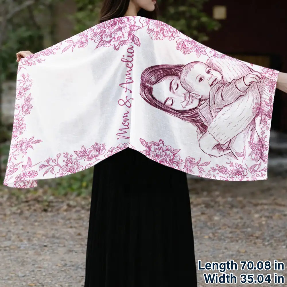 Gift For Mother,Gift For Grandma,Gift For Women,Love - Custom Photo Pencil Sketch Mom Grandma And Kid - Personalized Lightweight Soft Shawl